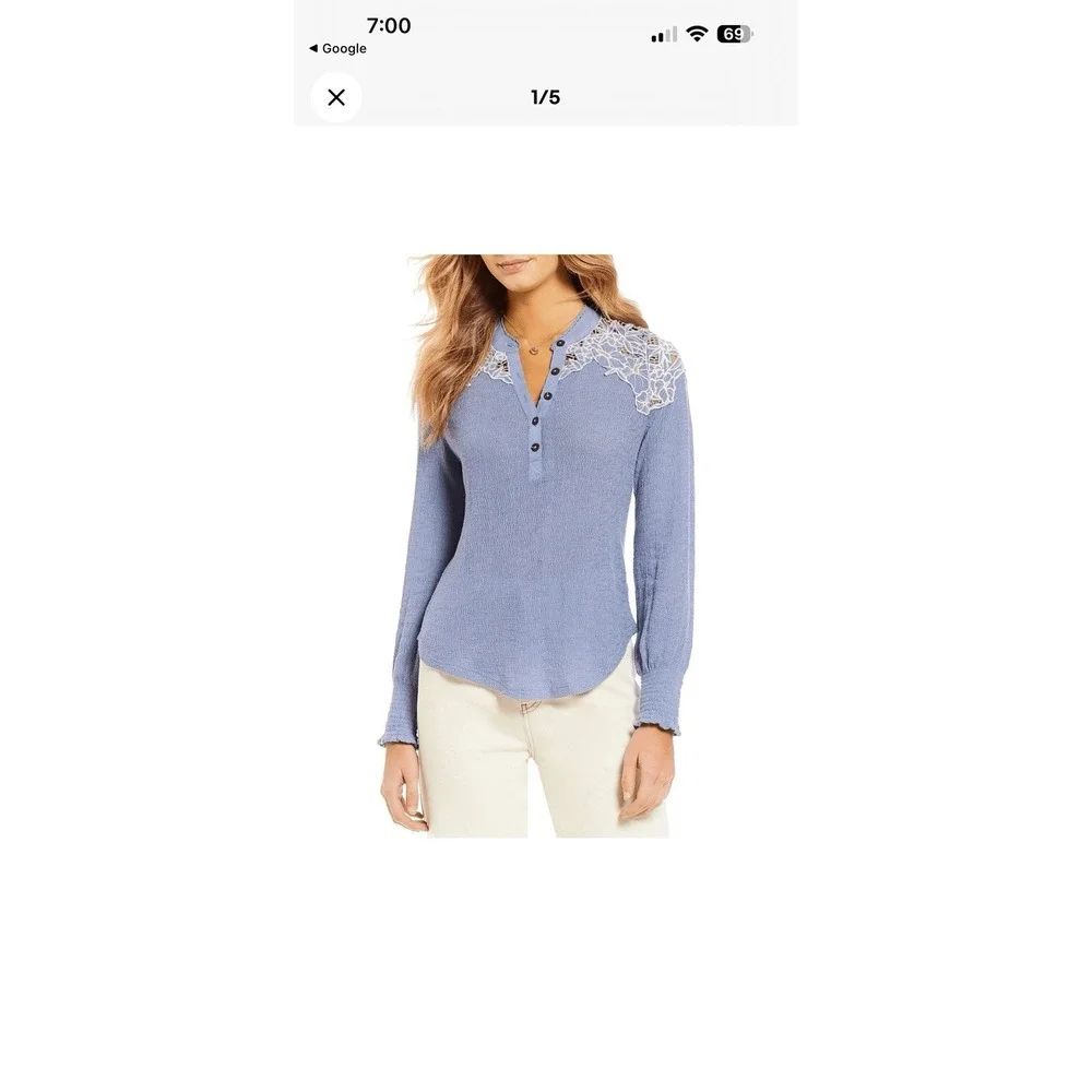 Free People Womens M Lacy Cable Thermal Henley Top Blue Floral Lace Crochet